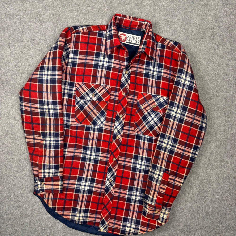 Sports Afield Mens Red Plaid Quilted Flannel Shirt Jacket Size M Cotton Lined